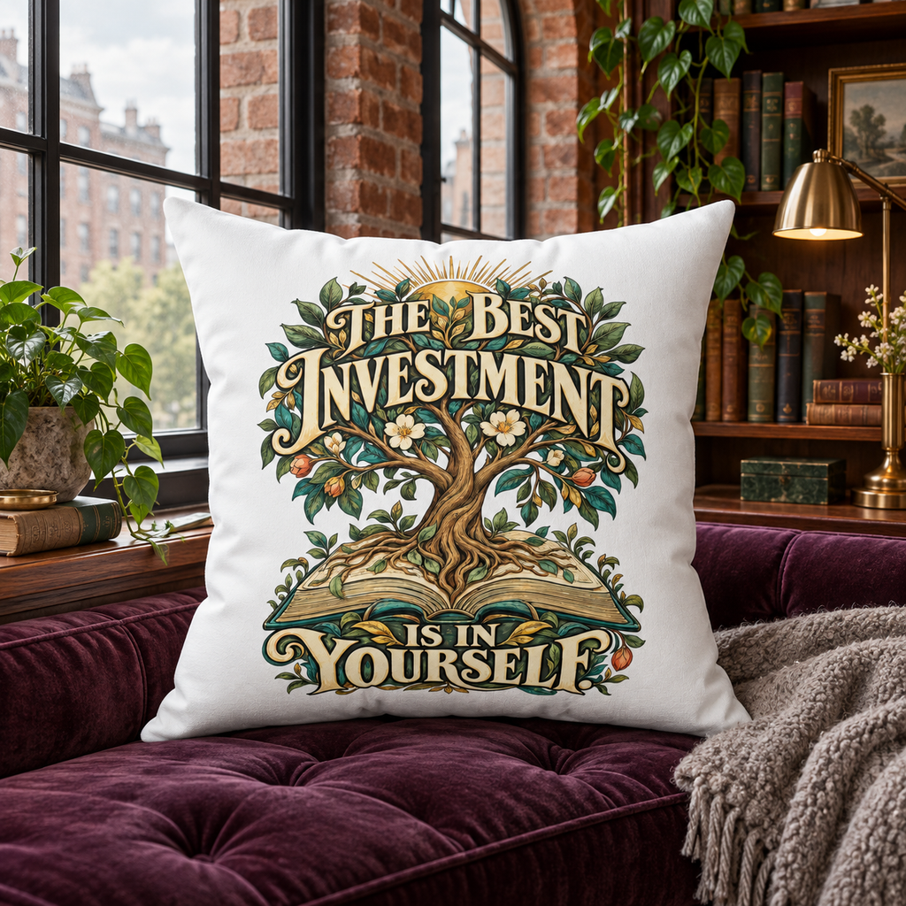 The Best Investment Is In Yourself white Inspirational & Artistic pillow — lifestyle in a brick loft reading nook