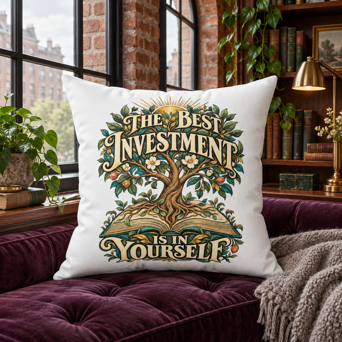 The Best Investment Is In Yourself white Inspirational & Artistic pillow — lifestyle in a brick loft reading nook