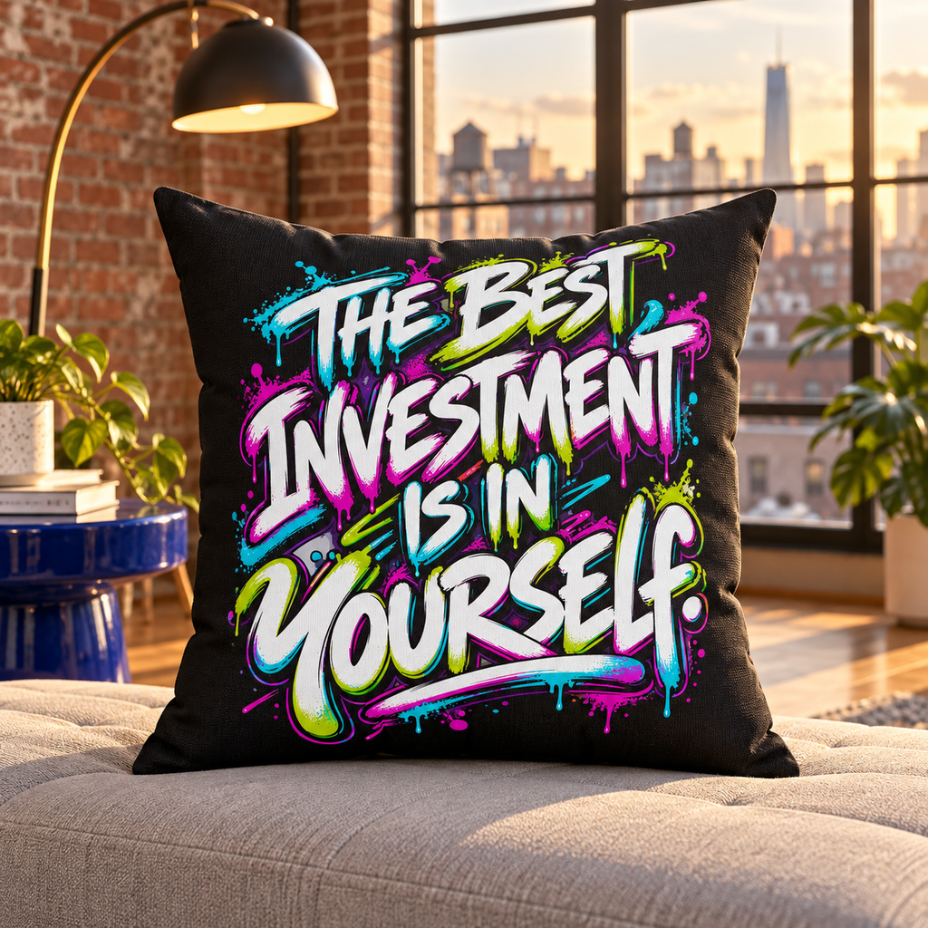 The Best Investment Is In Yourself graffiti black pillow — lifestyle in a city loft