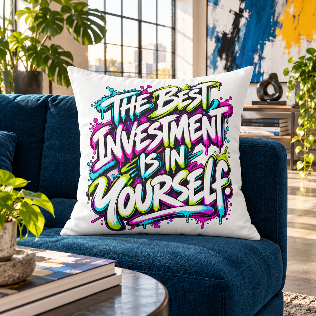 The Best Investment Is In Yourself graffiti white pillow — lifestyle in a contemporary art studio lounge