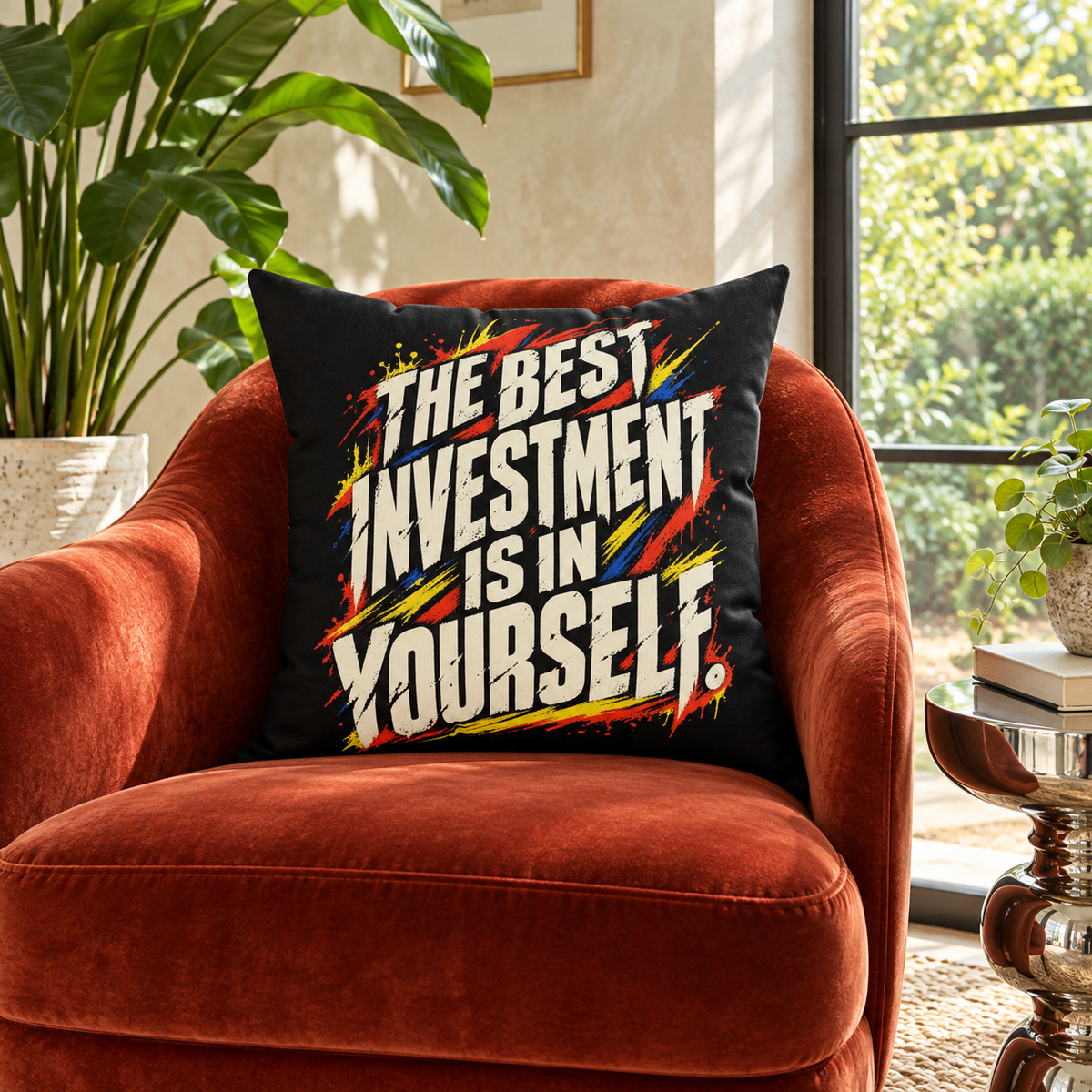 The Best Investment Is In Yourself black Grunge & Vibrant pillow in a sunlit reading corner