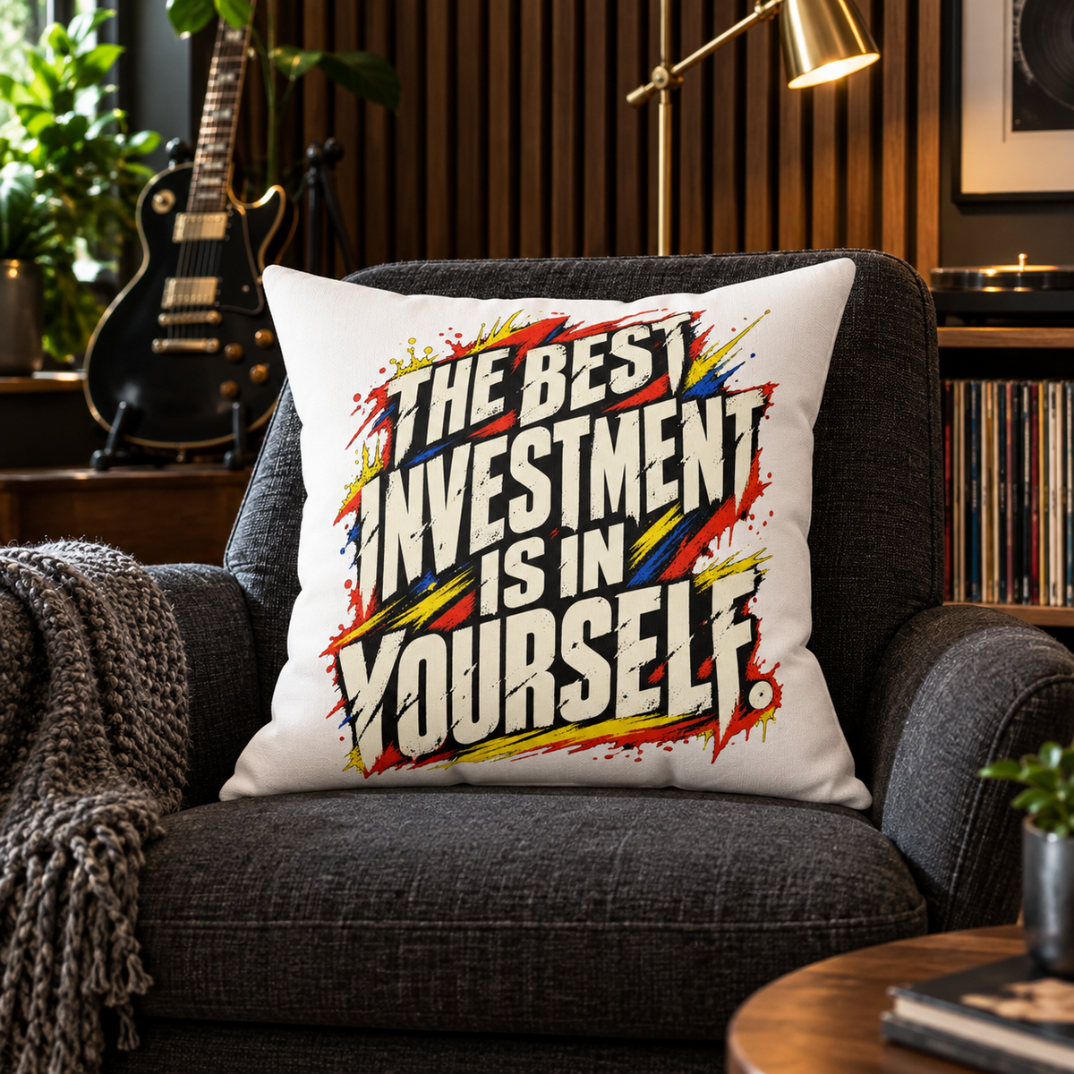 The Best Investment Is In Yourself white Grunge & Vibrant pillow in a music listening room