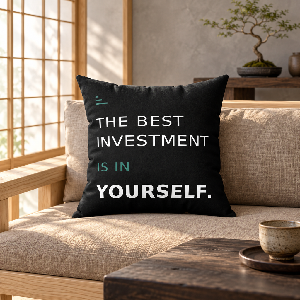 The Best Investment Is In Yourself black Modern & Minimalist pillow in a Japanese-inspired lounge