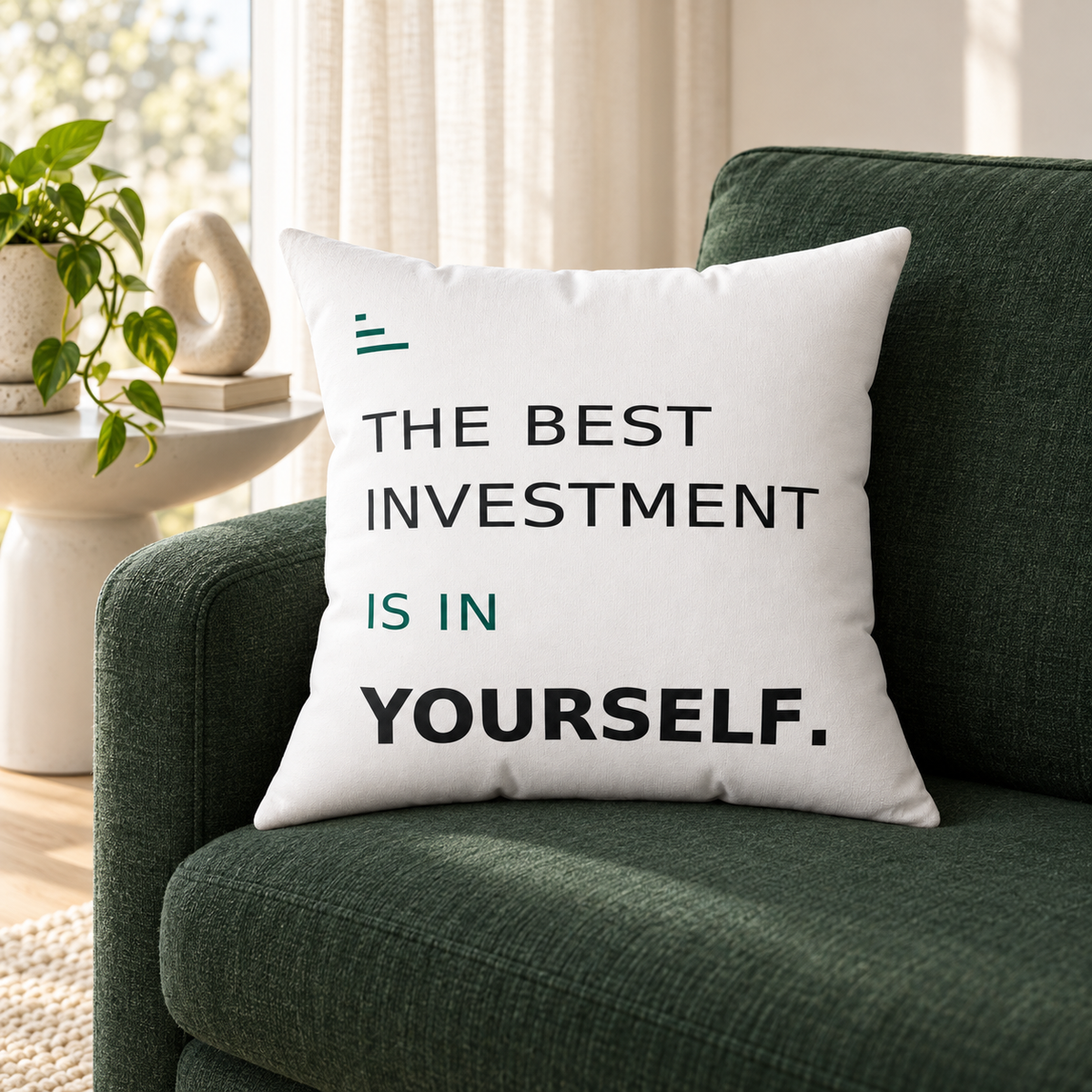 The Best Investment Is In Yourself white Modern & Minimalist pillow in a Scandinavian apartment
