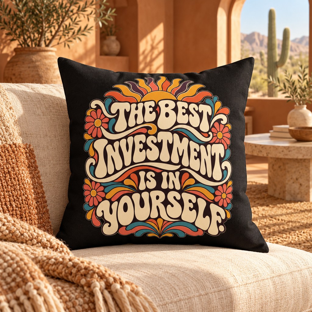 The Best Investment Is In Yourself retro black pillow — lifestyle in a sunlit desert bungalow