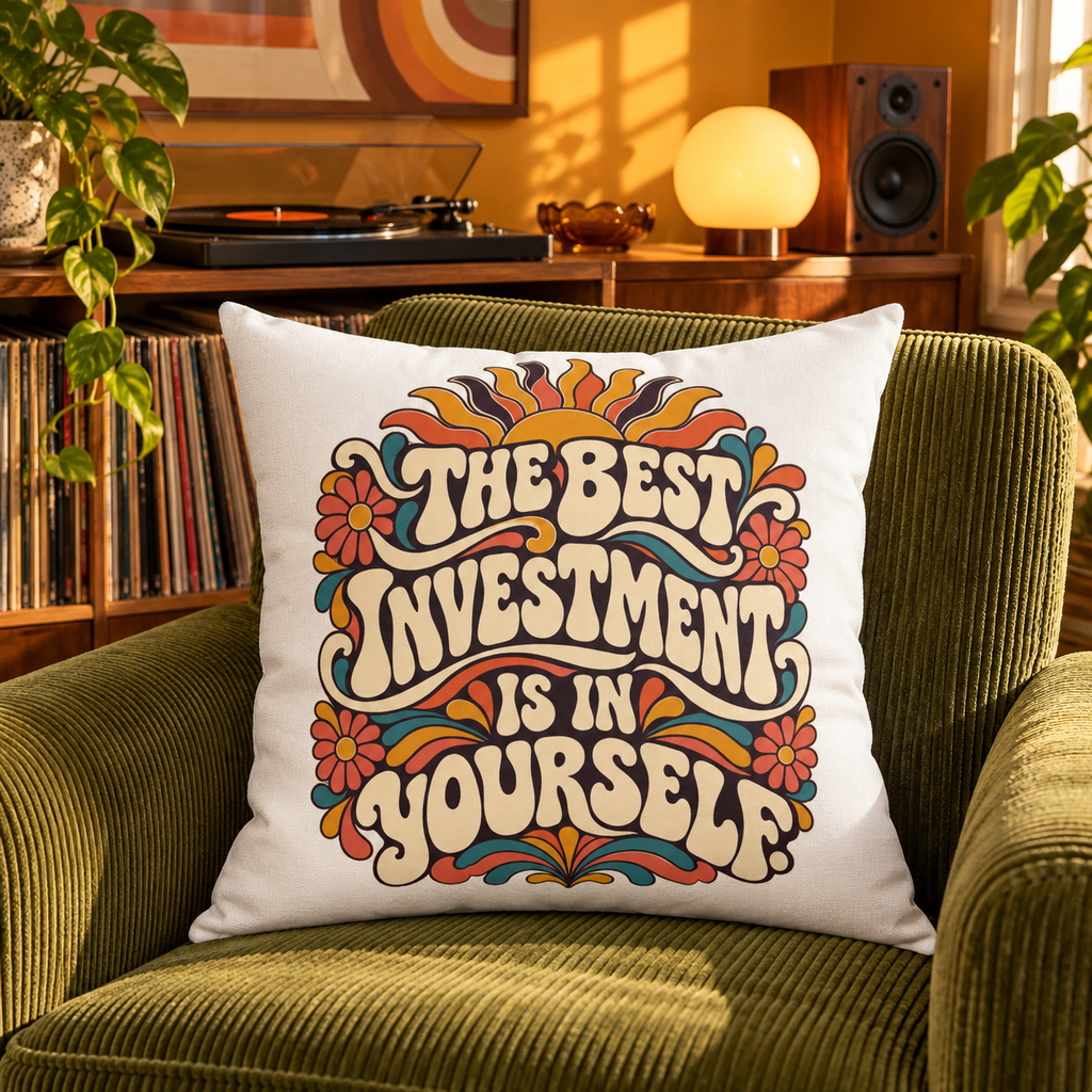 The Best Investment Is In Yourself retro white pillow — lifestyle in a vintage music listening room