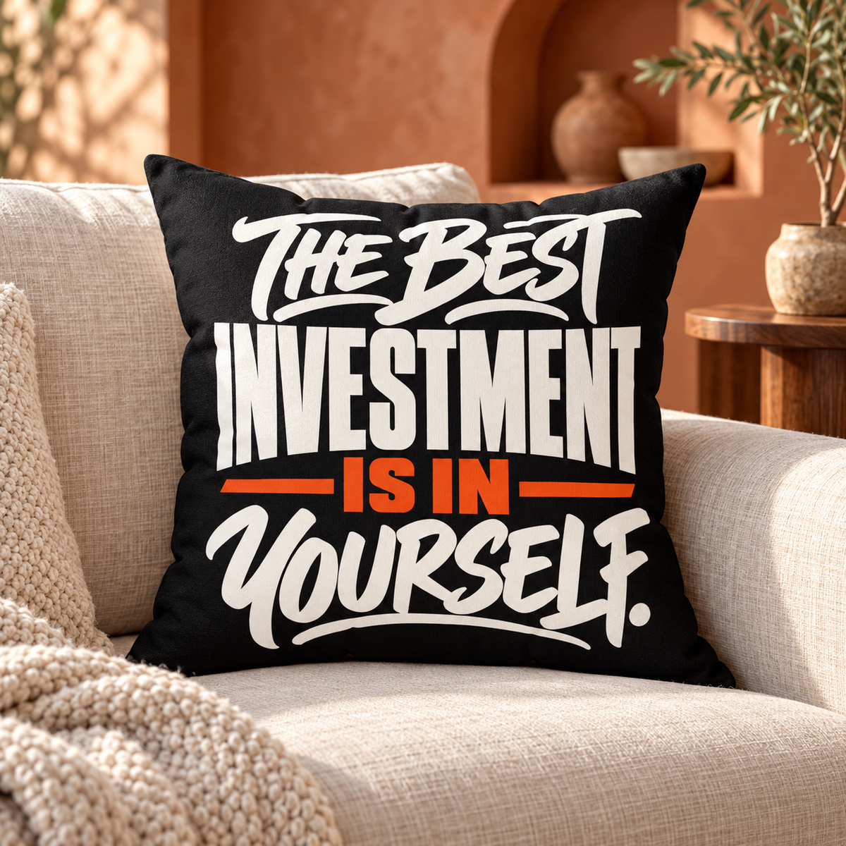 The Best Investment Is In Yourself black Simple & Direct pillow — lifestyle on an oatmeal sofa