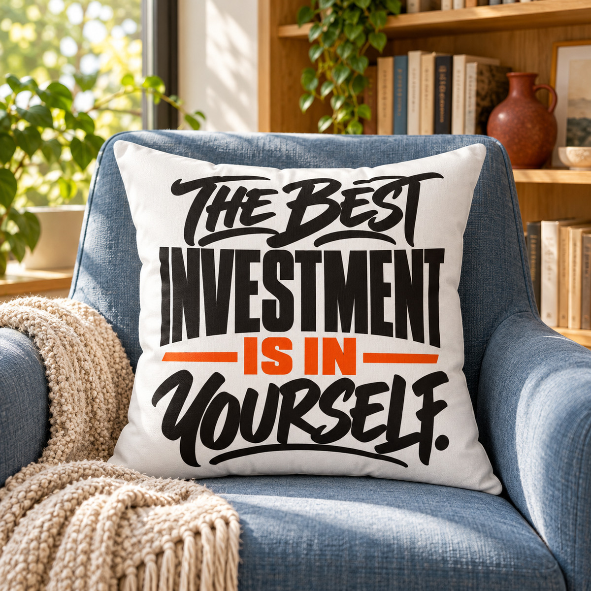 The Best Investment Is In Yourself white Simple & Direct pillow — lifestyle in a sunlit reading nook