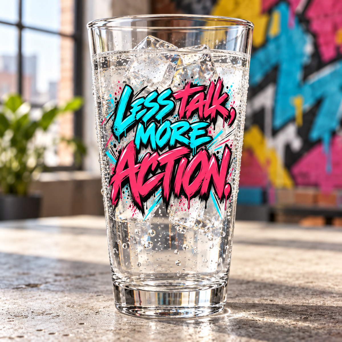 Less Talk, More Action. Pint Glass — Graffiti & Street Art — lifestyle