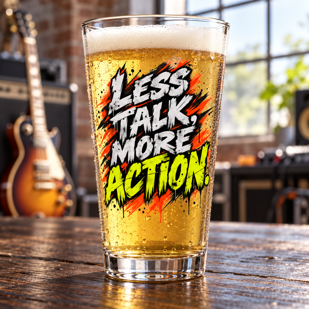 Less Talk, More Action. Pint Glass — Grunge & Vibrant — lifestyle
