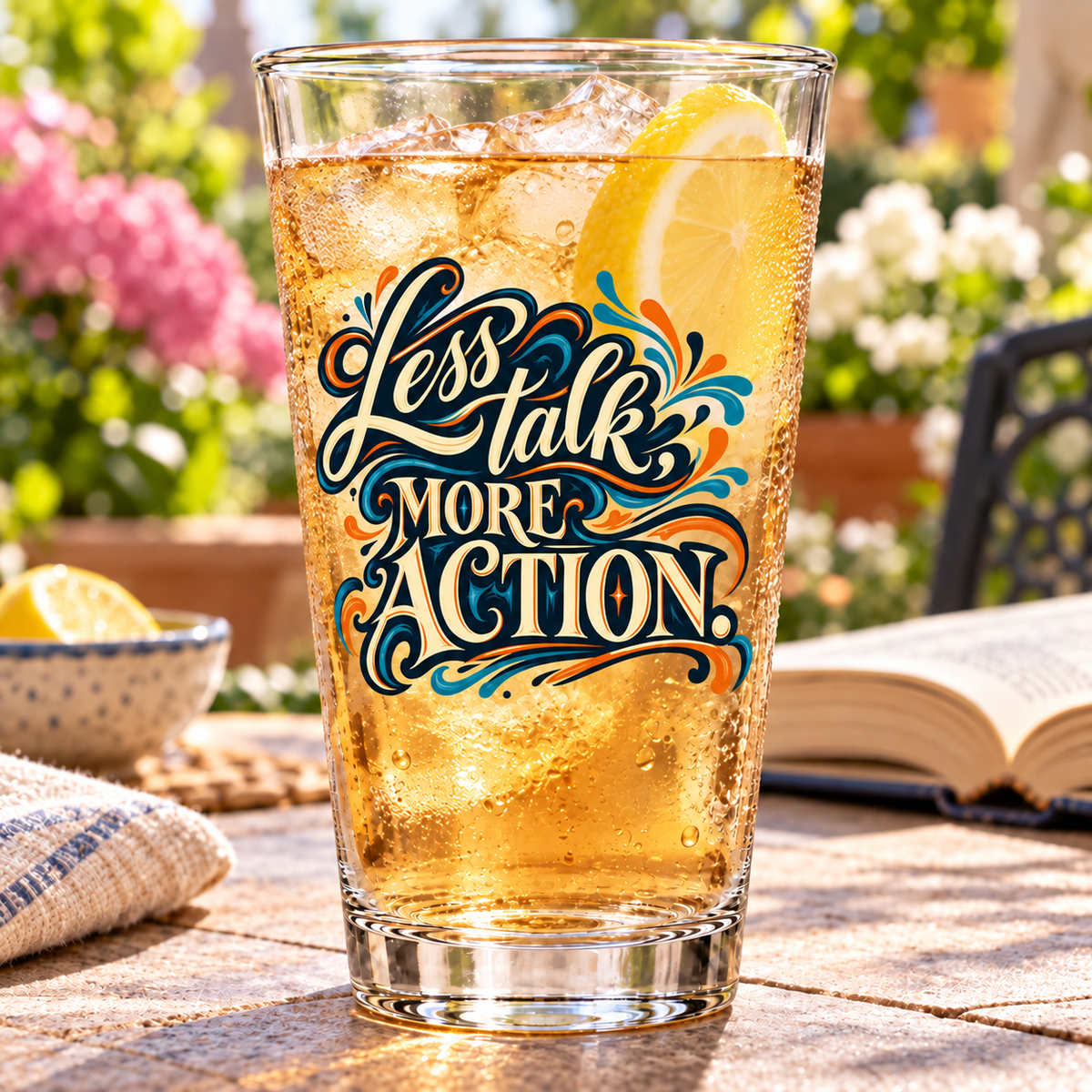 Less Talk, More Action. Inspirational & Artistic pint glass — brushstroke artwork — lifestyle