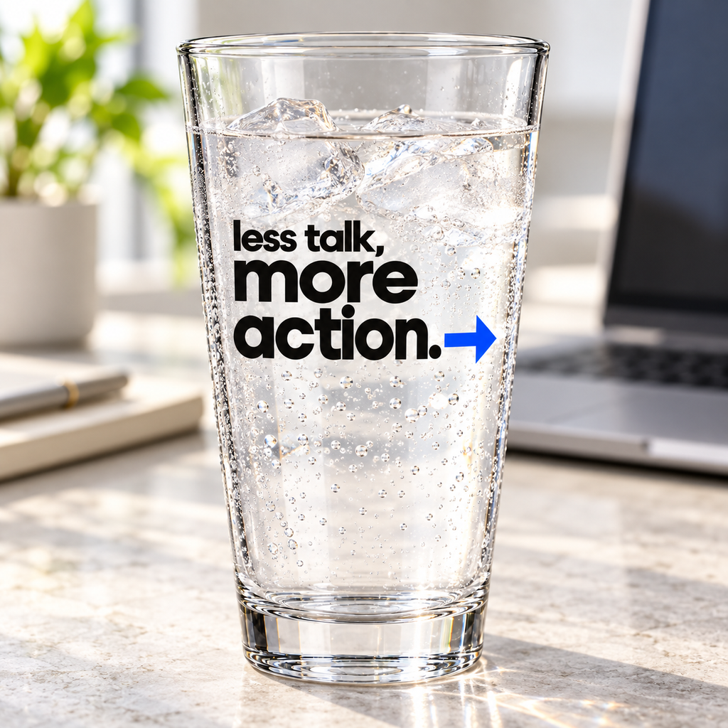 Less Talk, More Action. Pint Glass — Modern & Minimalist — lifestyle