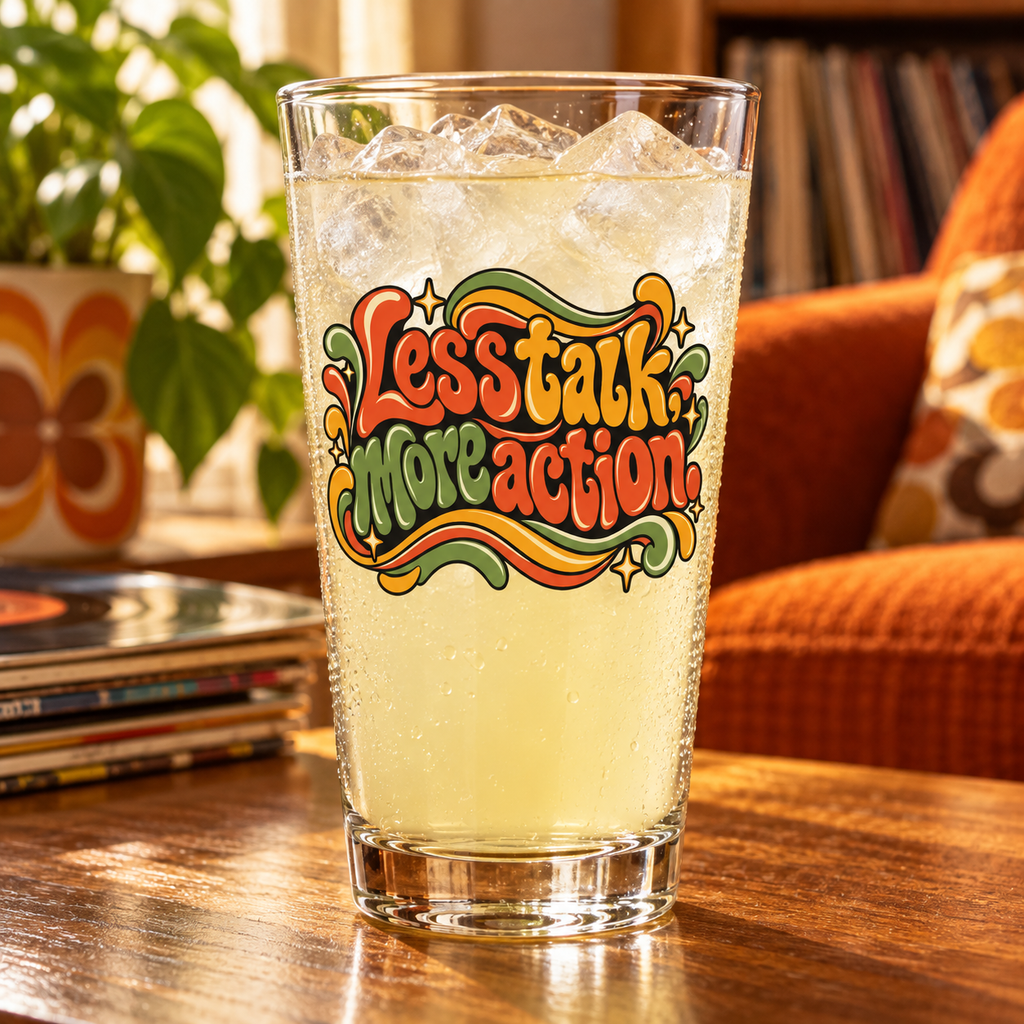 Less Talk, More Action. Pint Glass — Retro & Psychedelic — lifestyle