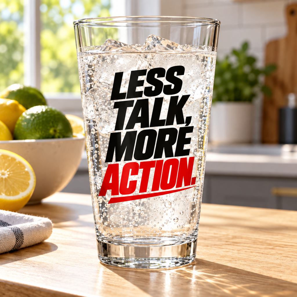 Less Talk, More Action. Pint Glass — Simple & Direct — lifestyle