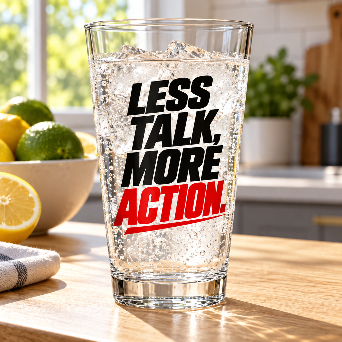 Less Talk, More Action. Pint Glass — Simple & Direct — lifestyle