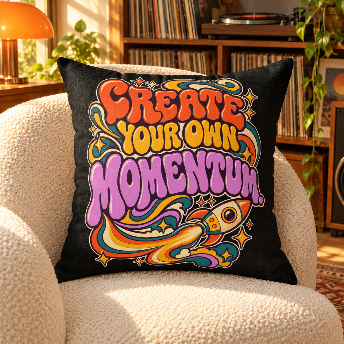 Create Your Own Momentum. — retro-black pillow — lifestyle
