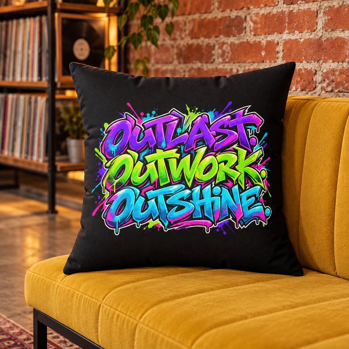 Outlast Outwork Outshine Graffiti Black pillow — Lifestyle