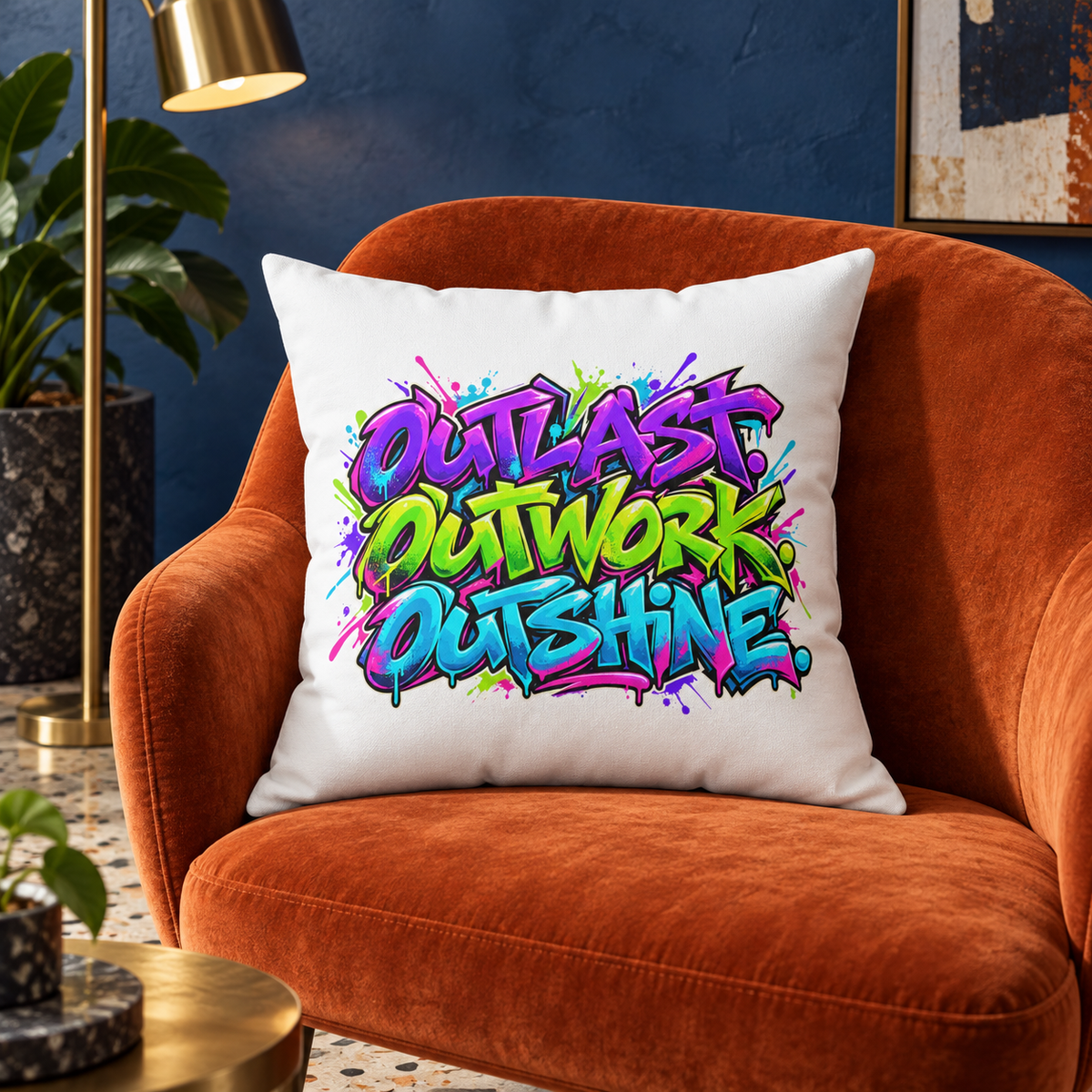 Outlast Outwork Outshine Graffiti White pillow — Lifestyle