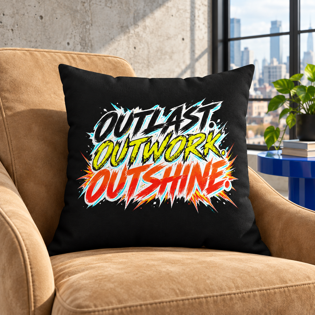 Outlast Outwork Outshine Grunge Black pillow — Lifestyle