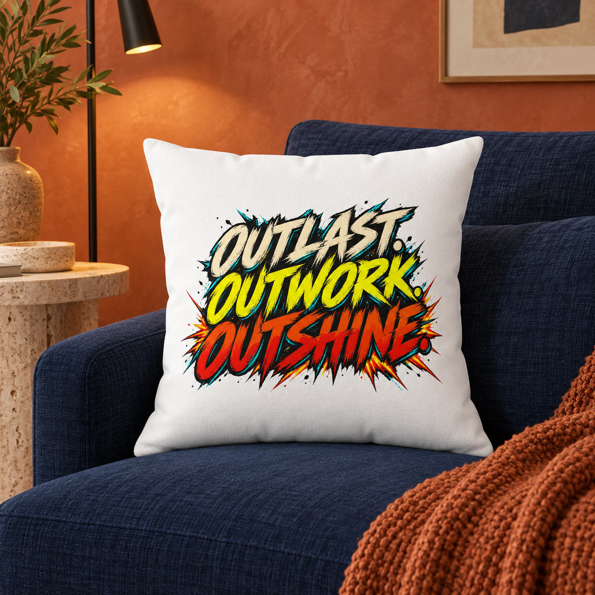 Outlast Outwork Outshine Grunge White pillow — Lifestyle