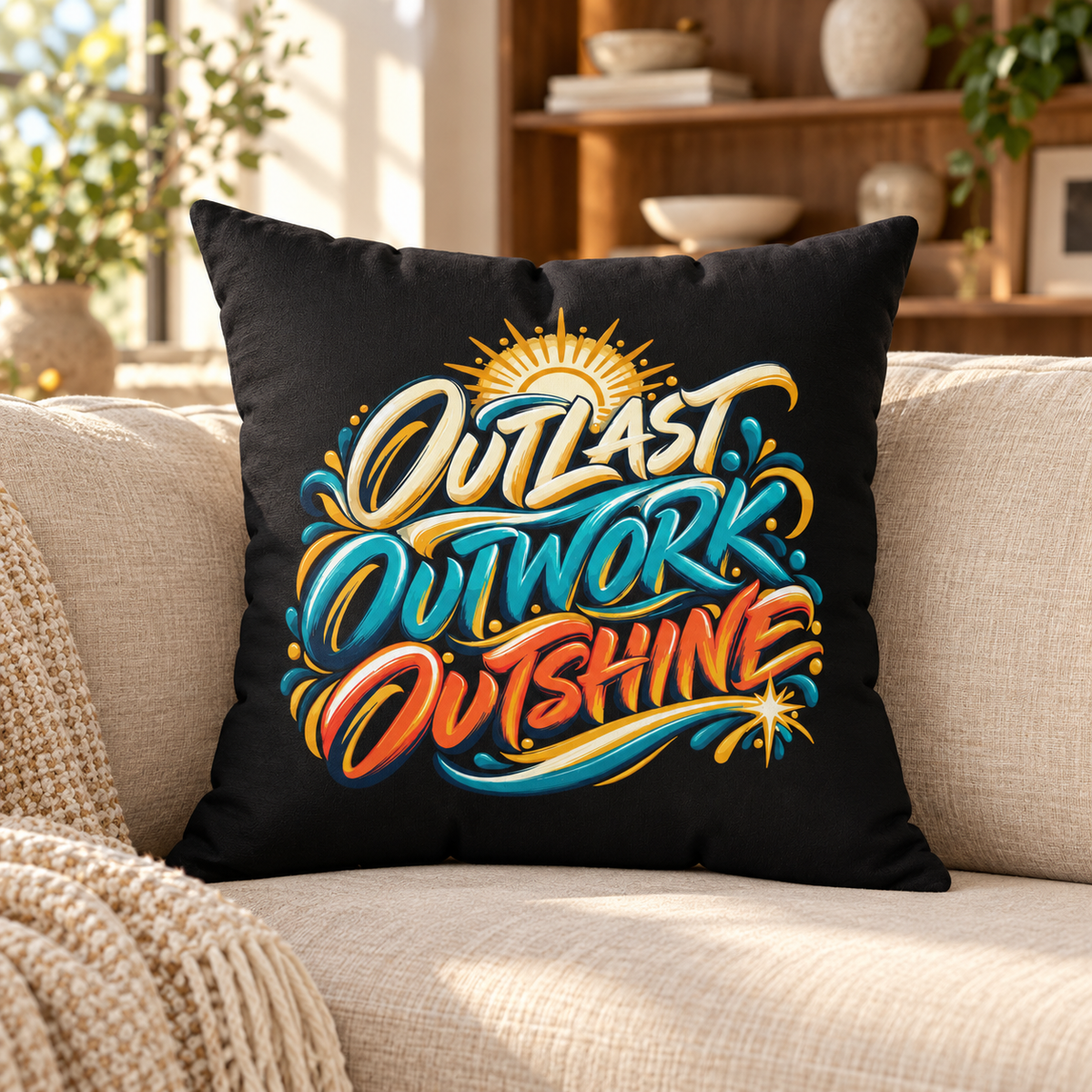 Outlast. Outwork. Outshine. black Pillow — Inspirational & Artistic — Lifestyle