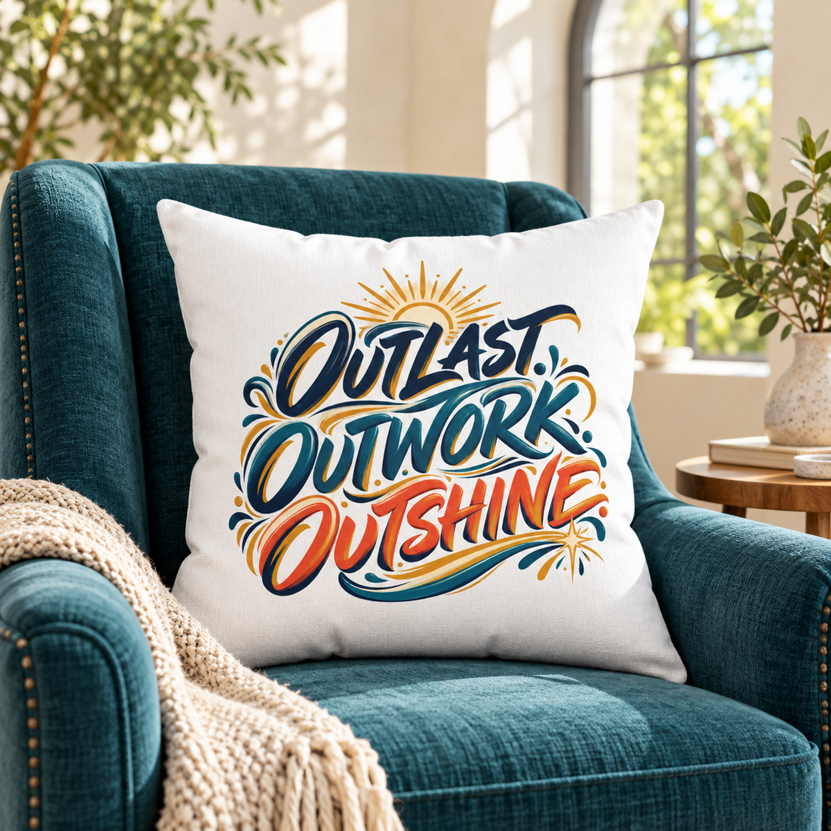 Outlast. Outwork. Outshine. white Pillow — Inspirational & Artistic — Lifestyle