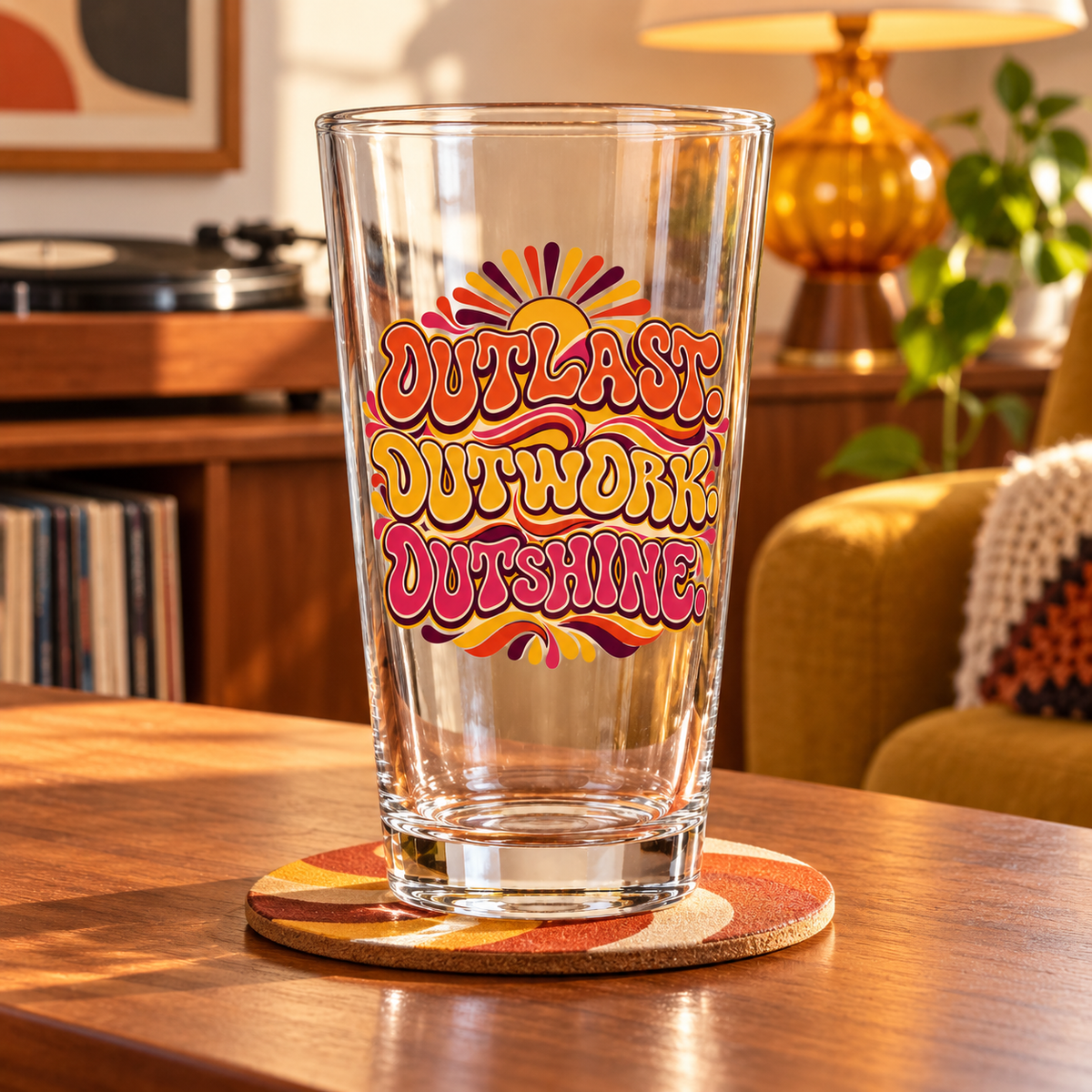 Outlast. Outwork. Outshine. Pint Glass — Retro & Psychedelic — lifestyle