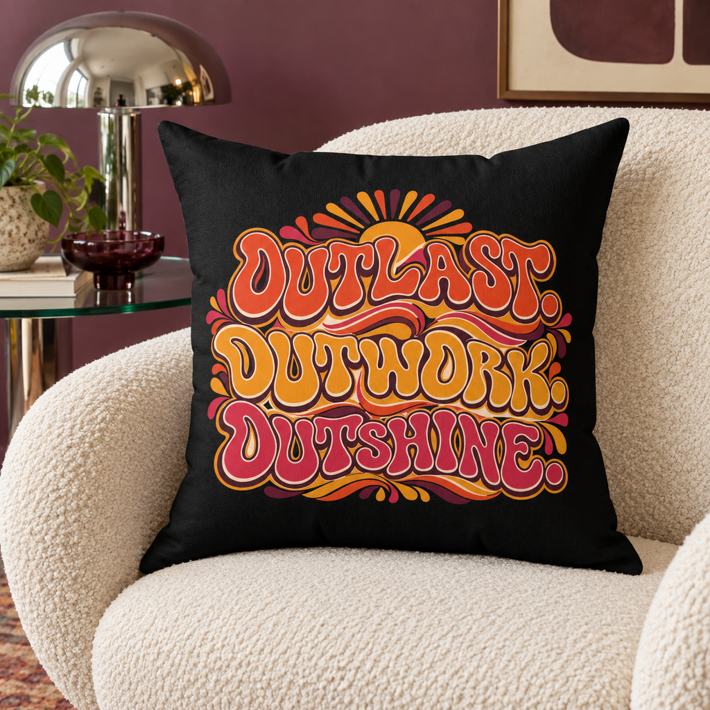 Outlast Outwork Outshine Retro Black pillow — Lifestyle