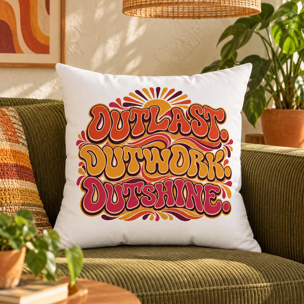 Outlast Outwork Outshine Retro White pillow — Lifestyle