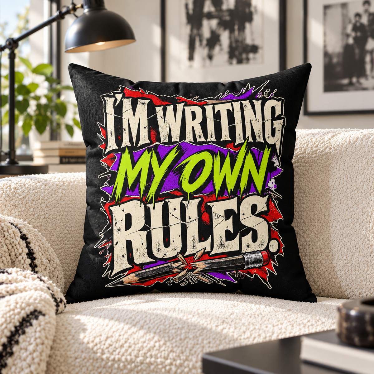 I’m Writing My Own Rules. — grunge-vibrant — black pillow — lifestyle