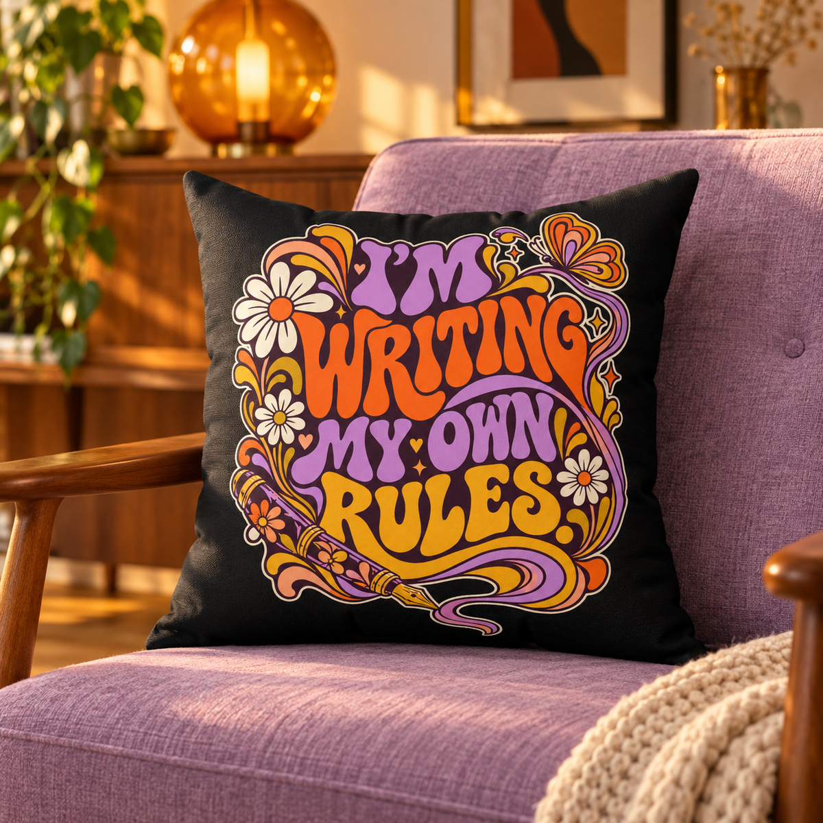 I’m Writing My Own Rules. — retro-psychedelic — black pillow — lifestyle