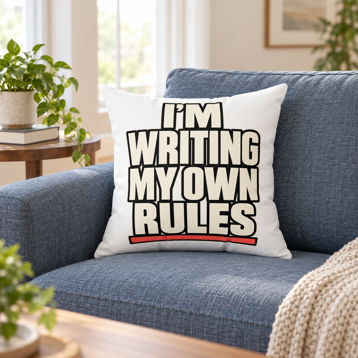 I’m Writing My Own Rules. — simple-direct — white pillow — lifestyle