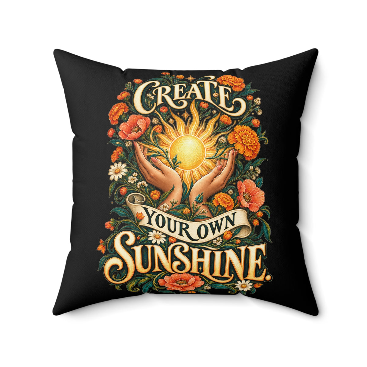 Create Your Own Sunshine. — Inspirational & Artistic, black pillow — 20-inch front