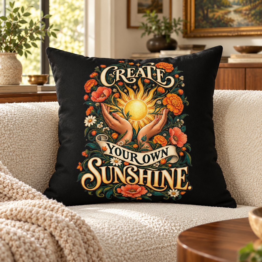 Create Your Own Sunshine. black Inspirational & Artistic pillow — lifestyle in a sunlit art-filled living room