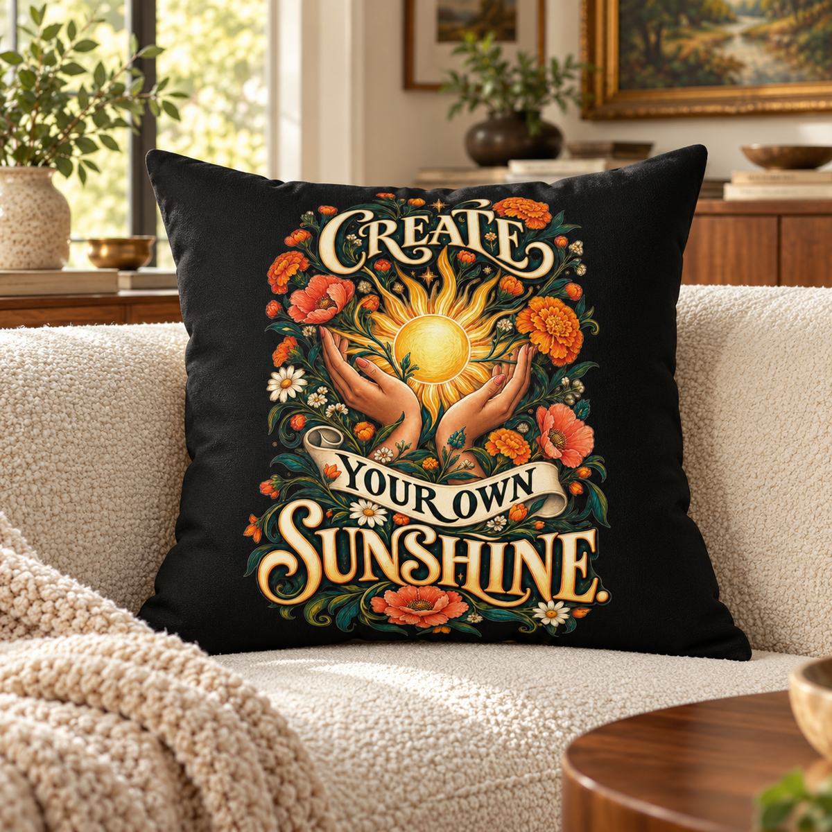 Create Your Own Sunshine. black Inspirational & Artistic pillow — lifestyle in a sunlit art-filled living room