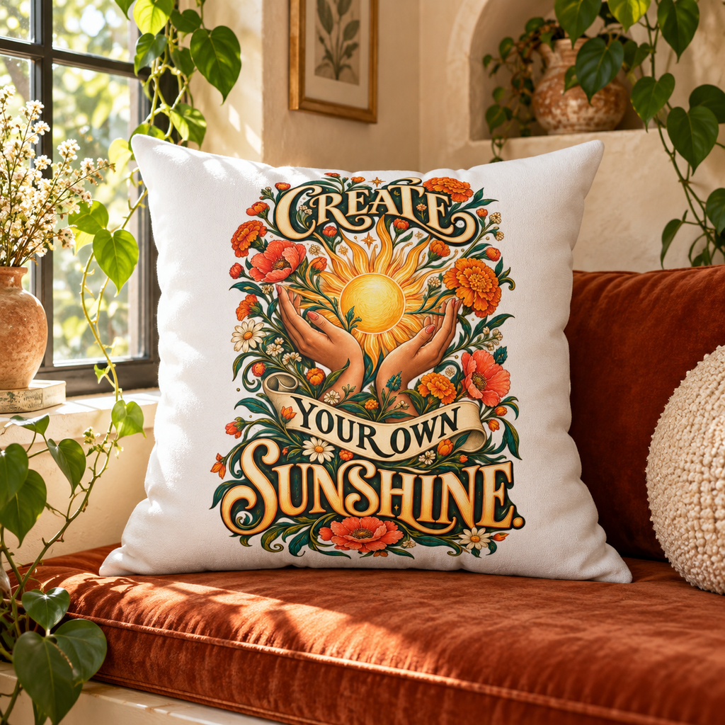 Create Your Own Sunshine. white Inspirational & Artistic pillow — lifestyle in a sunlit botanical window alcove
