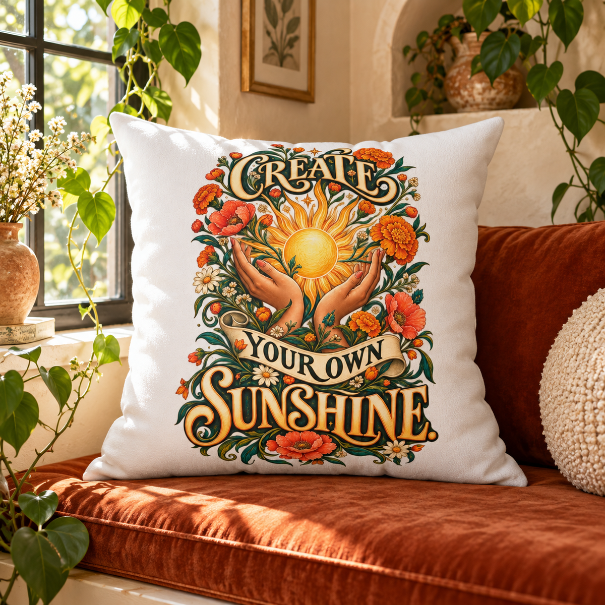 Create Your Own Sunshine. white Inspirational & Artistic pillow — lifestyle in a sunlit botanical window alcove