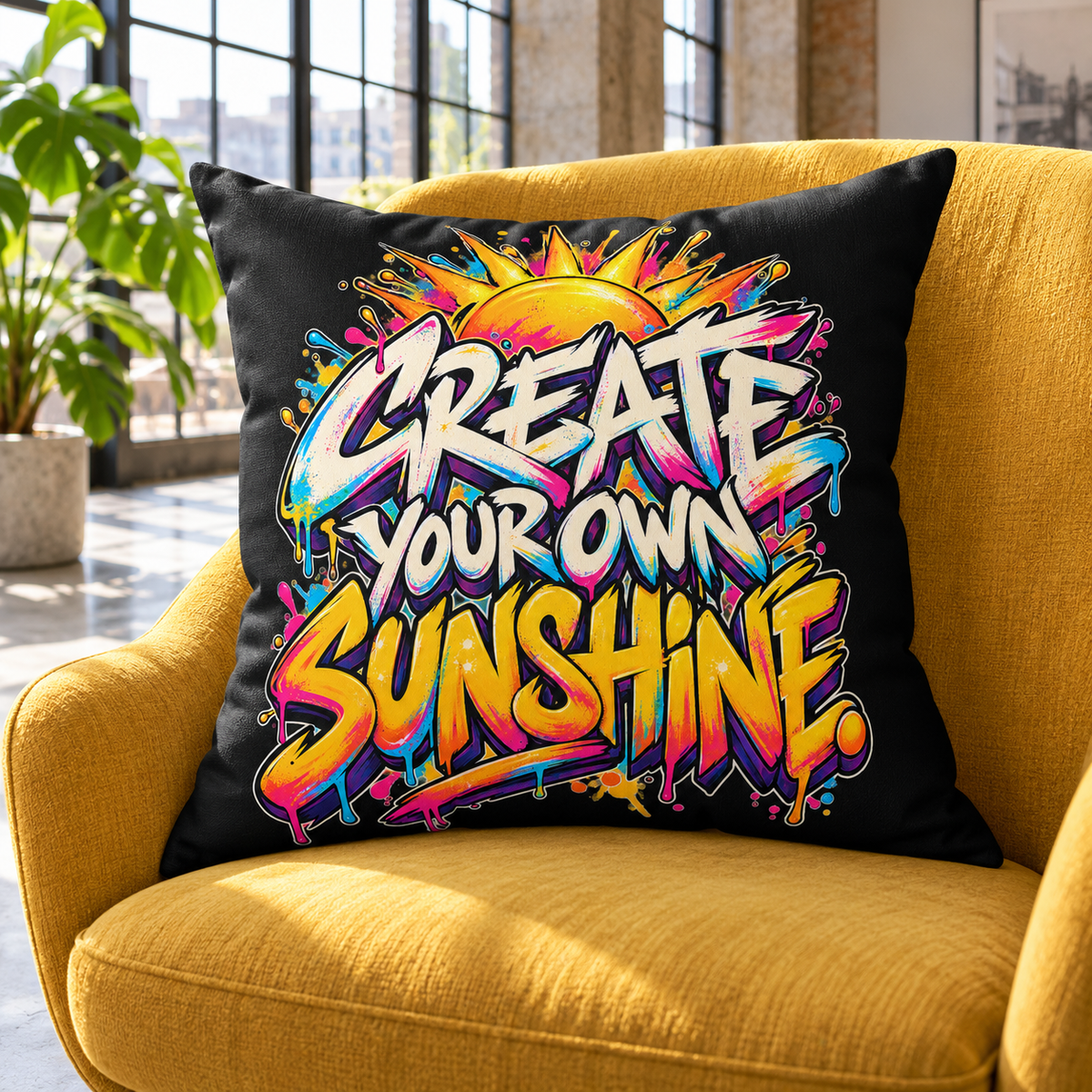 Create Your Own Sunshine. black Graffiti & Street Art pillow — lifestyle in a mustard chair industrial loft