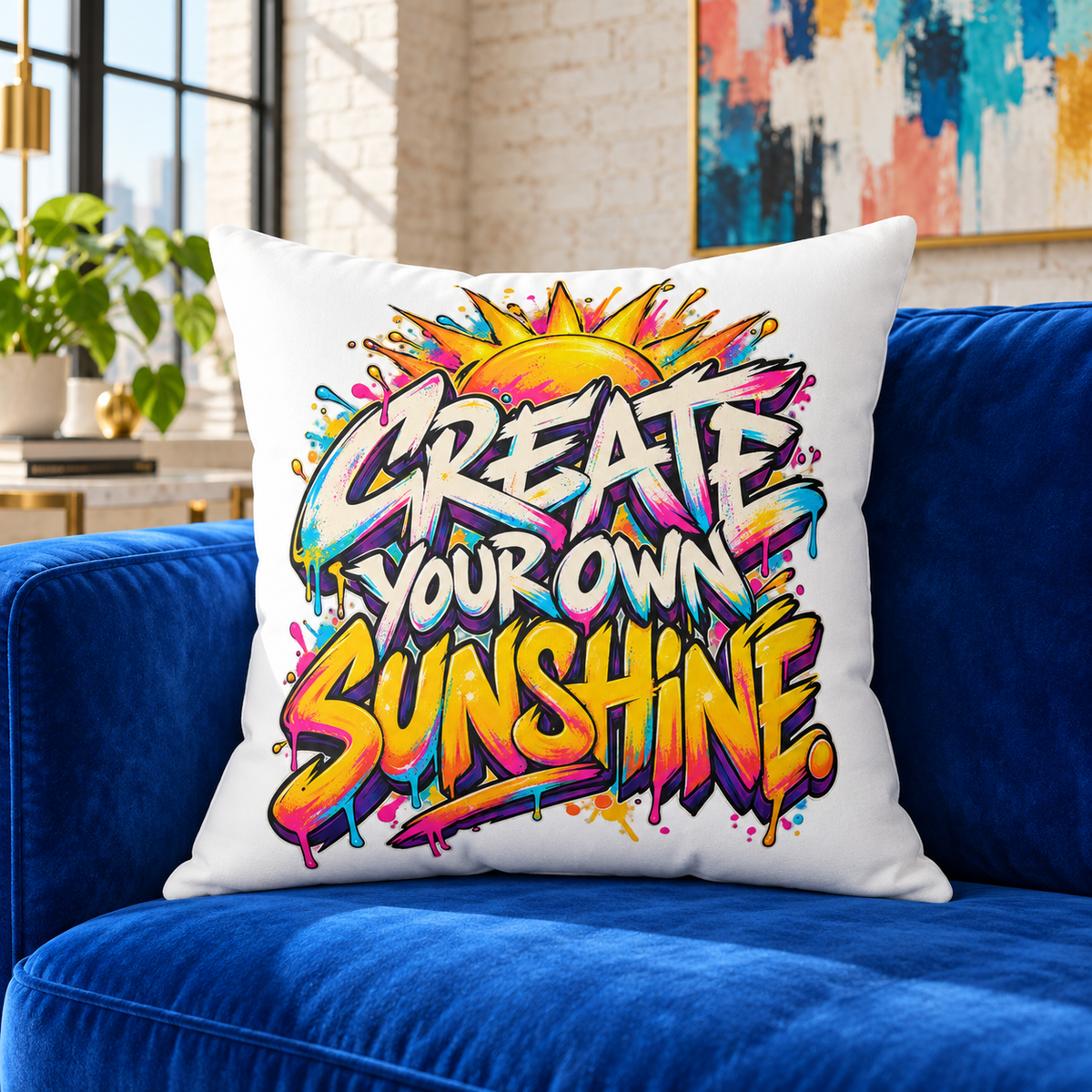 Create Your Own Sunshine. white Graffiti & Street Art pillow — lifestyle in a blue sofa creative loft