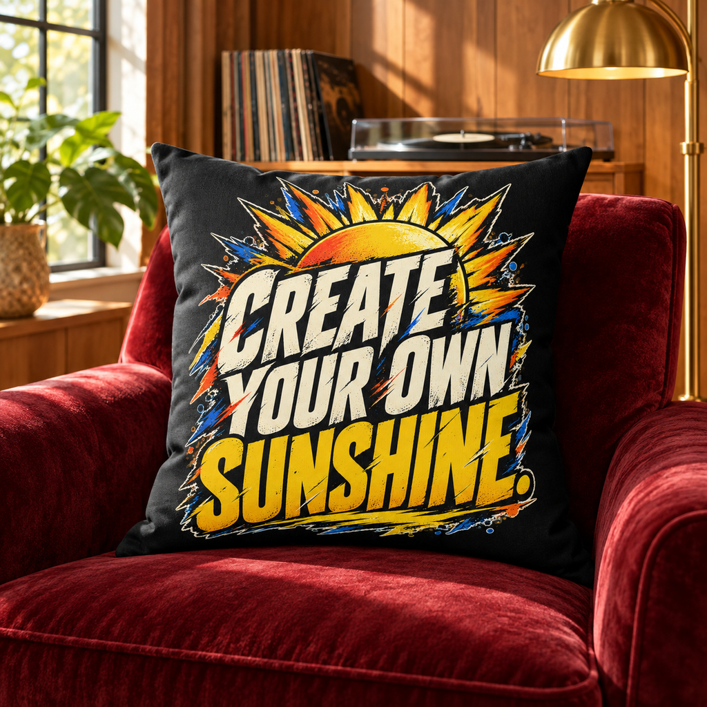 Create Your Own Sunshine. black Grunge & Vibrant pillow — lifestyle in a burgundy chair music lounge