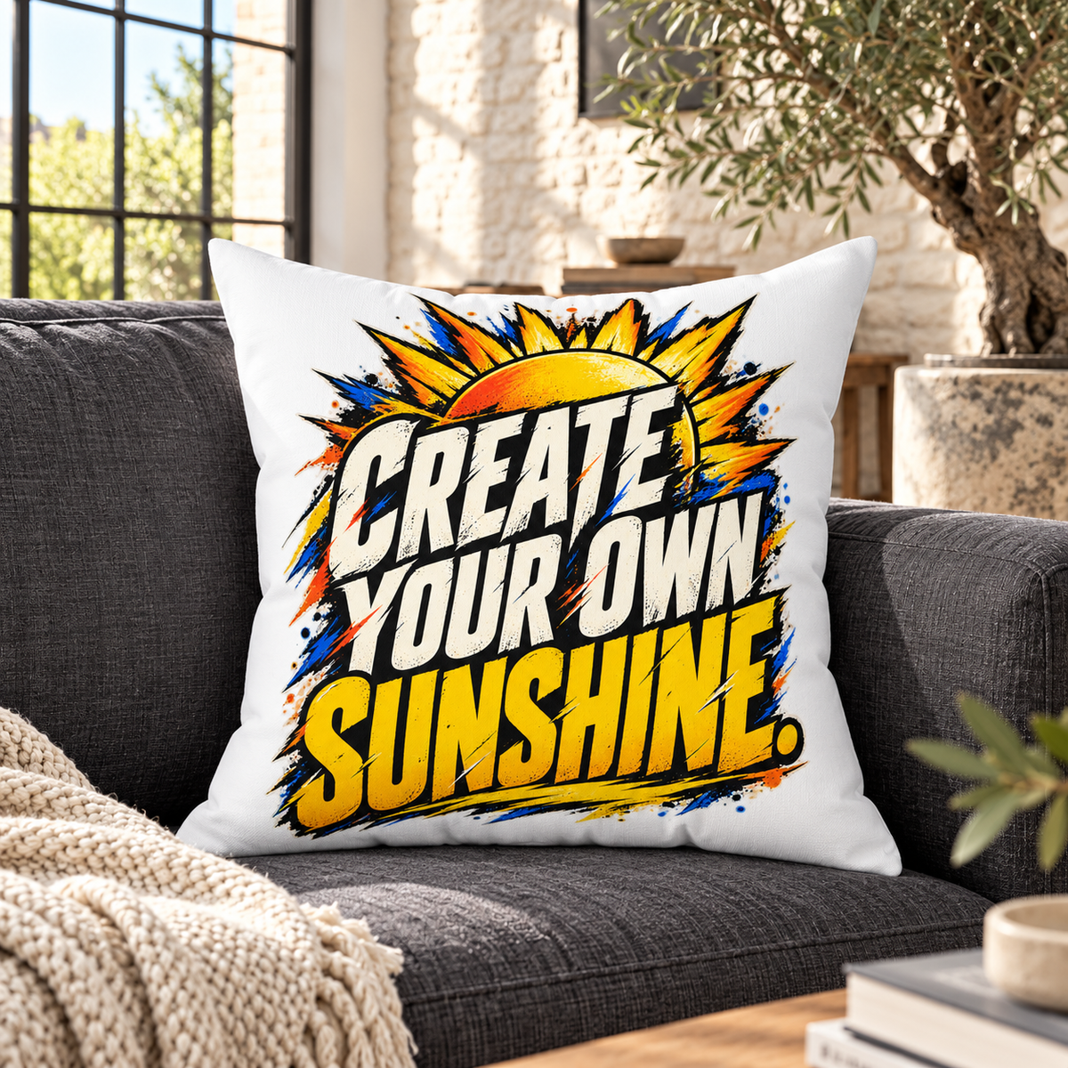 Create Your Own Sunshine. white Grunge & Vibrant pillow — lifestyle in a bright stone-walled living room