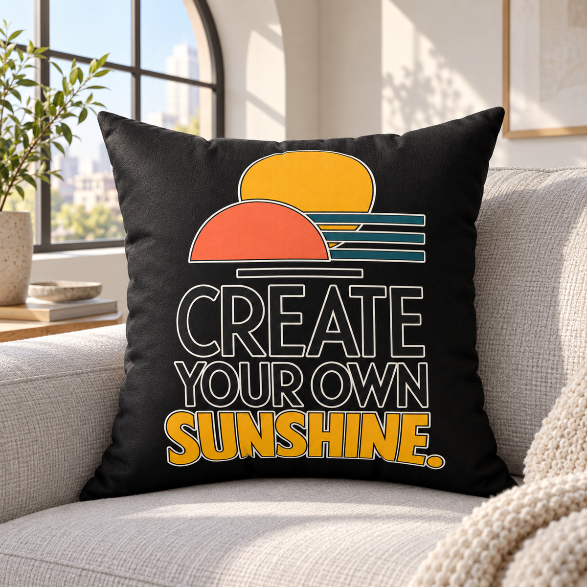 Create Your Own Sunshine. black Modern & Minimalist pillow — lifestyle in a sunlit minimalist apartment