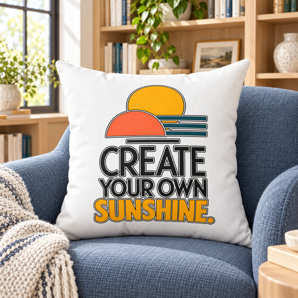 Create Your Own Sunshine. white Modern & Minimalist pillow — lifestyle in a sunlit contemporary reading room