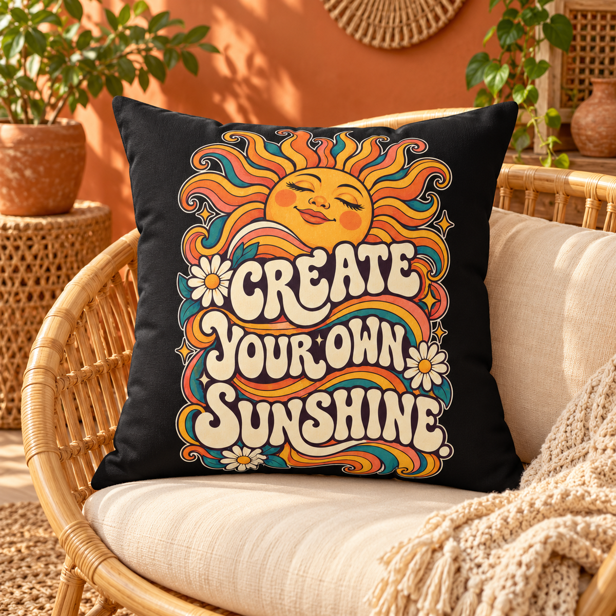 Create Your Own Sunshine. black Retro & Psychedelic pillow — lifestyle in a terracotta bohemian lounge