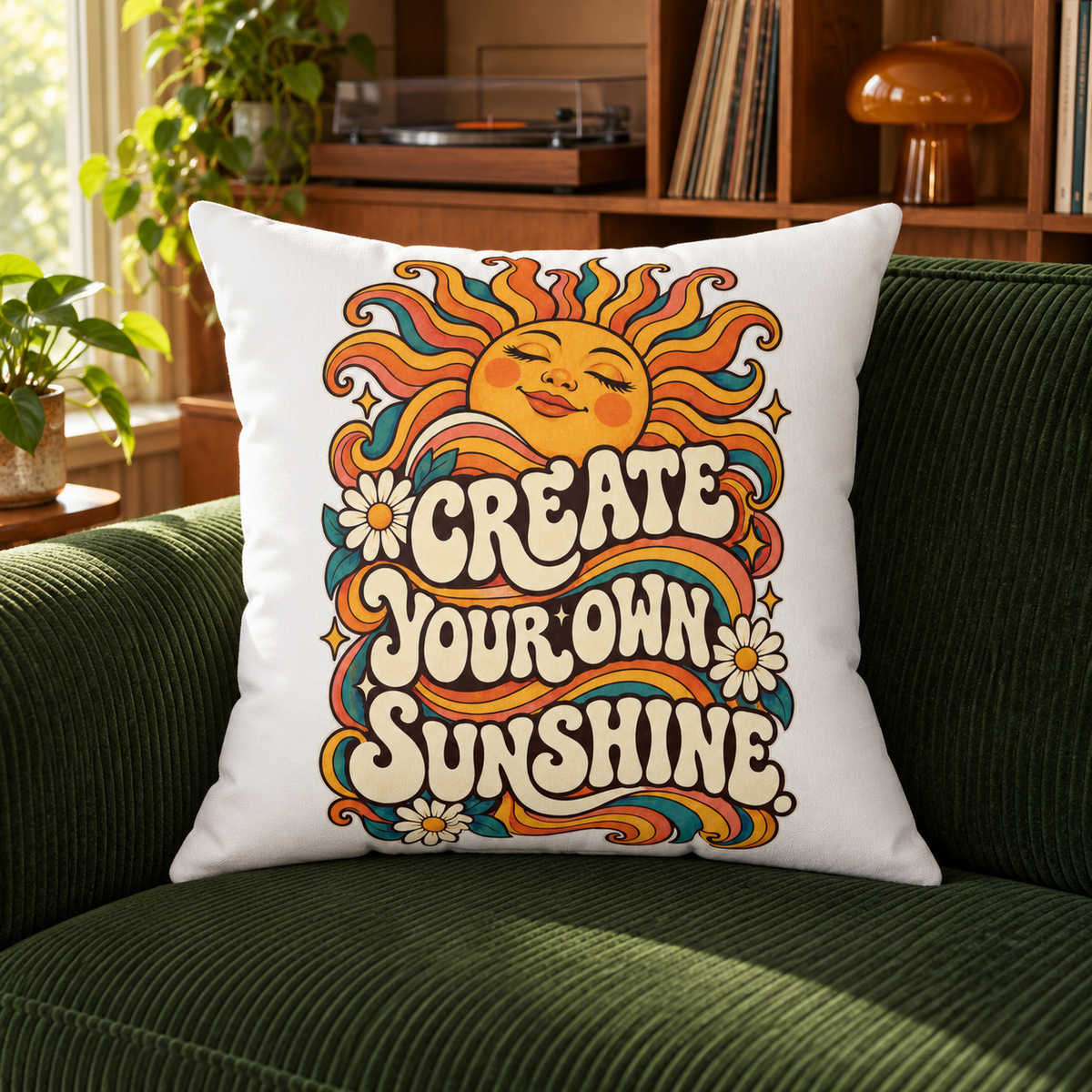 Create Your Own Sunshine. white Retro & Psychedelic pillow — lifestyle in a vintage record room
