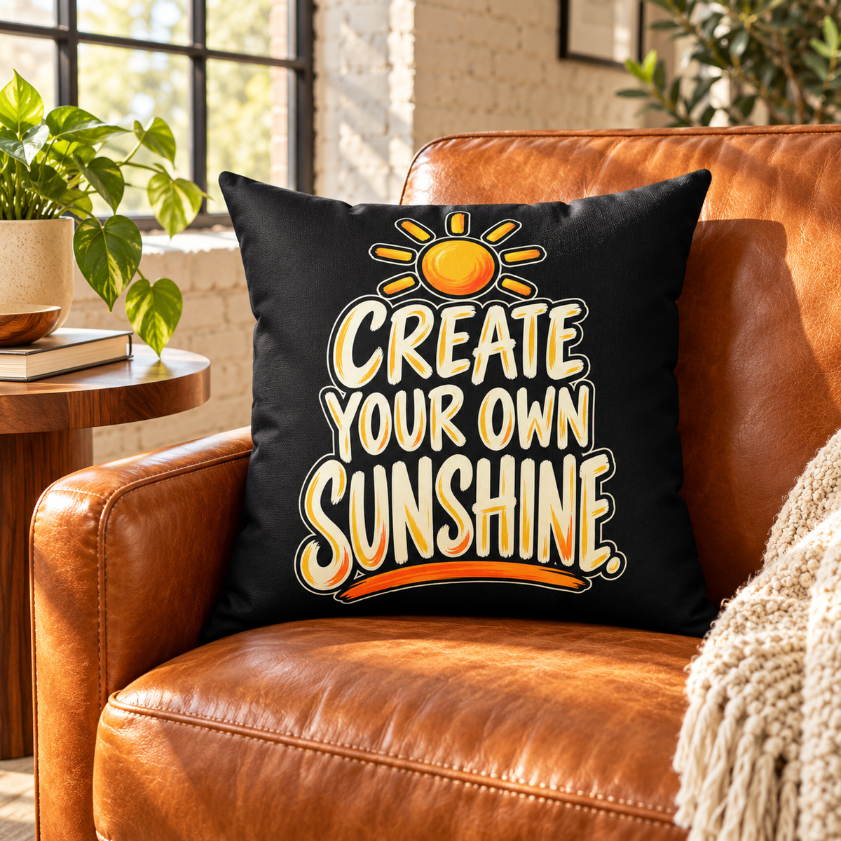 Create Your Own Sunshine. black Simple & Direct pillow — lifestyle in a sunlit leather reading chair