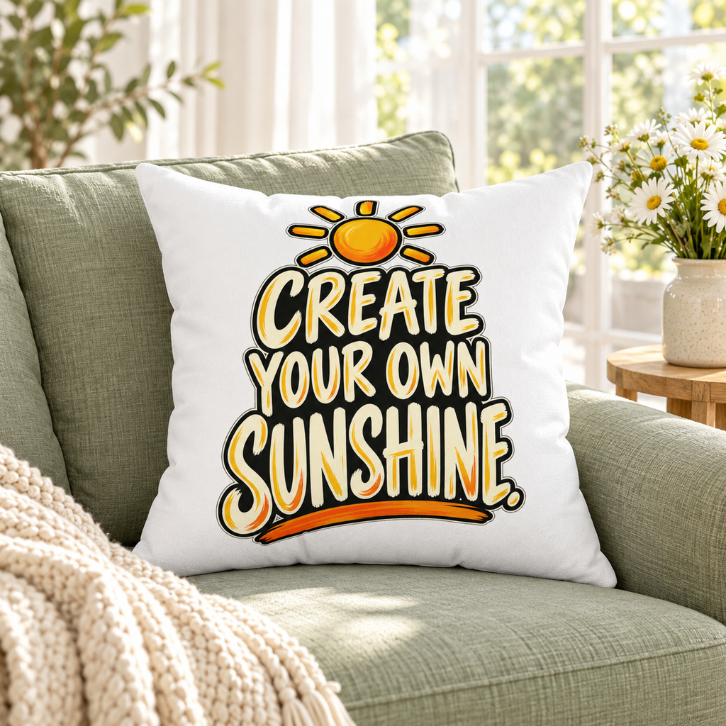 Create Your Own Sunshine. white Simple & Direct pillow — lifestyle in an airy sage sunroom